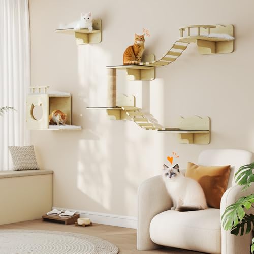 Wooden Wall-Mounted Cat Shelves with Scratching Post E741874