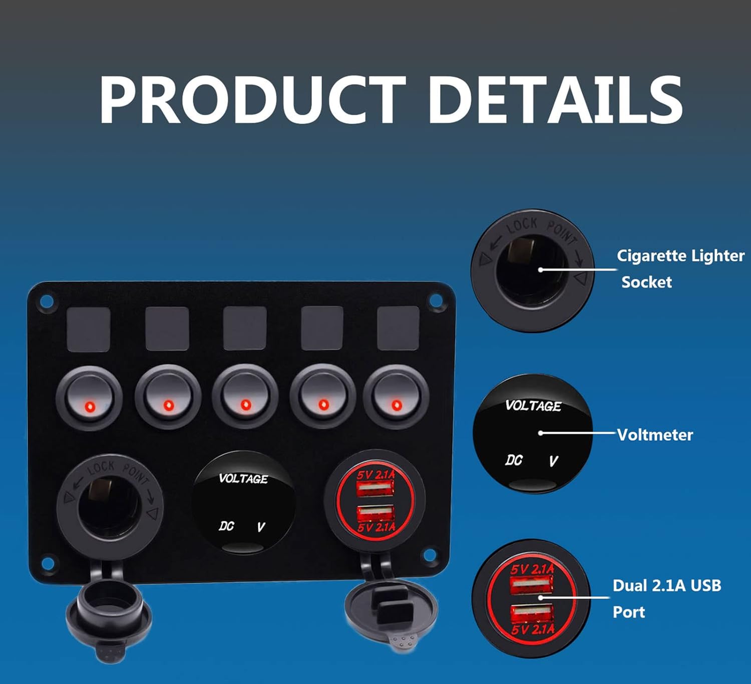 5 Gang Waterproof Toggle Rocker Switch Panel with Dual USB Charger, Voltmeter, 12V Power Outlet, Red, Pack of 2 S359