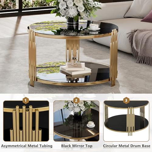 Black Round Coffee Table with Tempered Glass Tabletop and Metal Drum Base K820