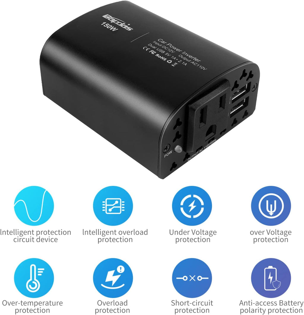 150W Car Power Inverter DC 12V to 110V AC 2 USB Ports Black Pack of 2 K258435