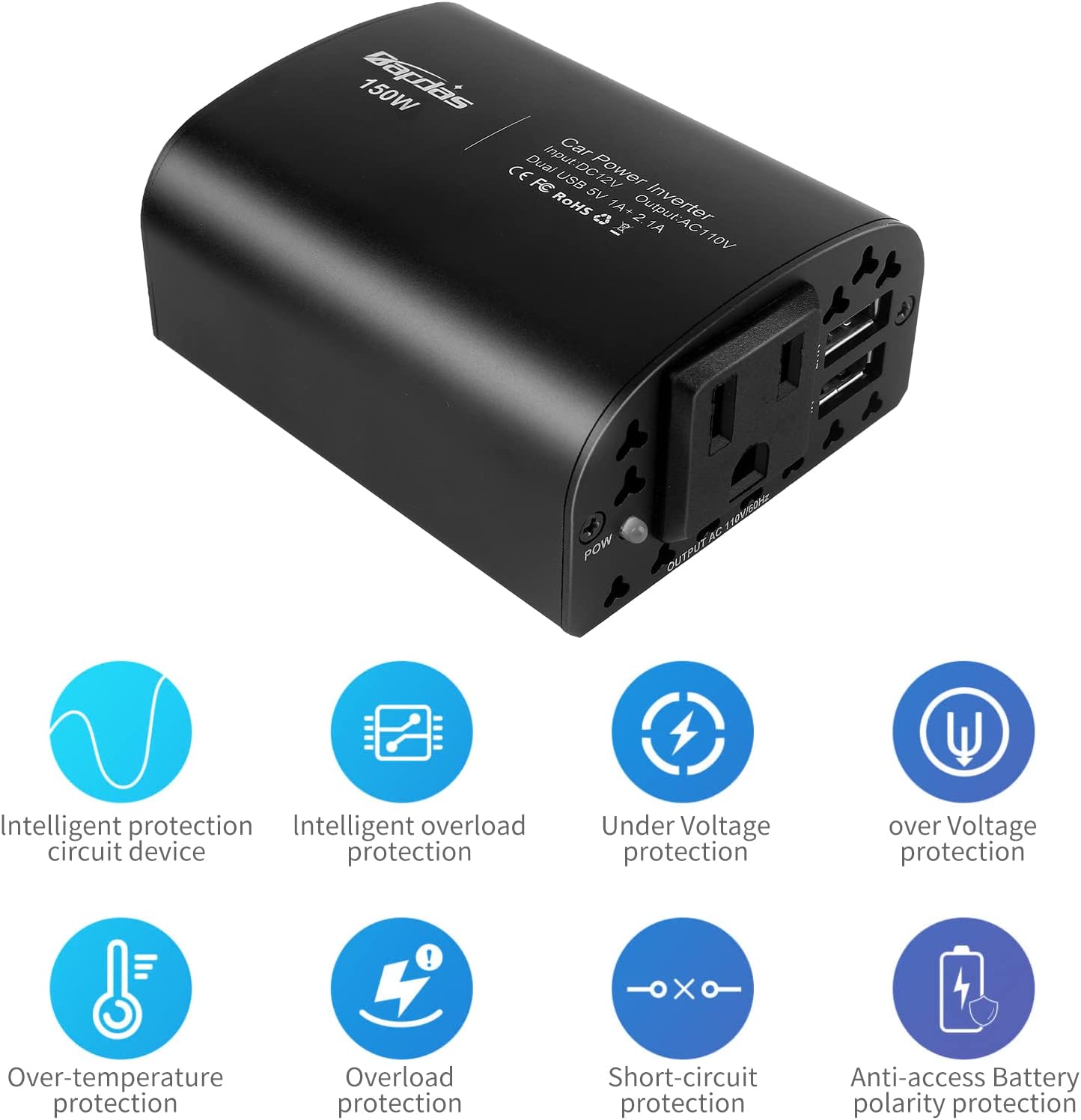 150W Car Power Inverter DC 12V to 110V AC 2 USB Ports Black Pack of 2 K258435