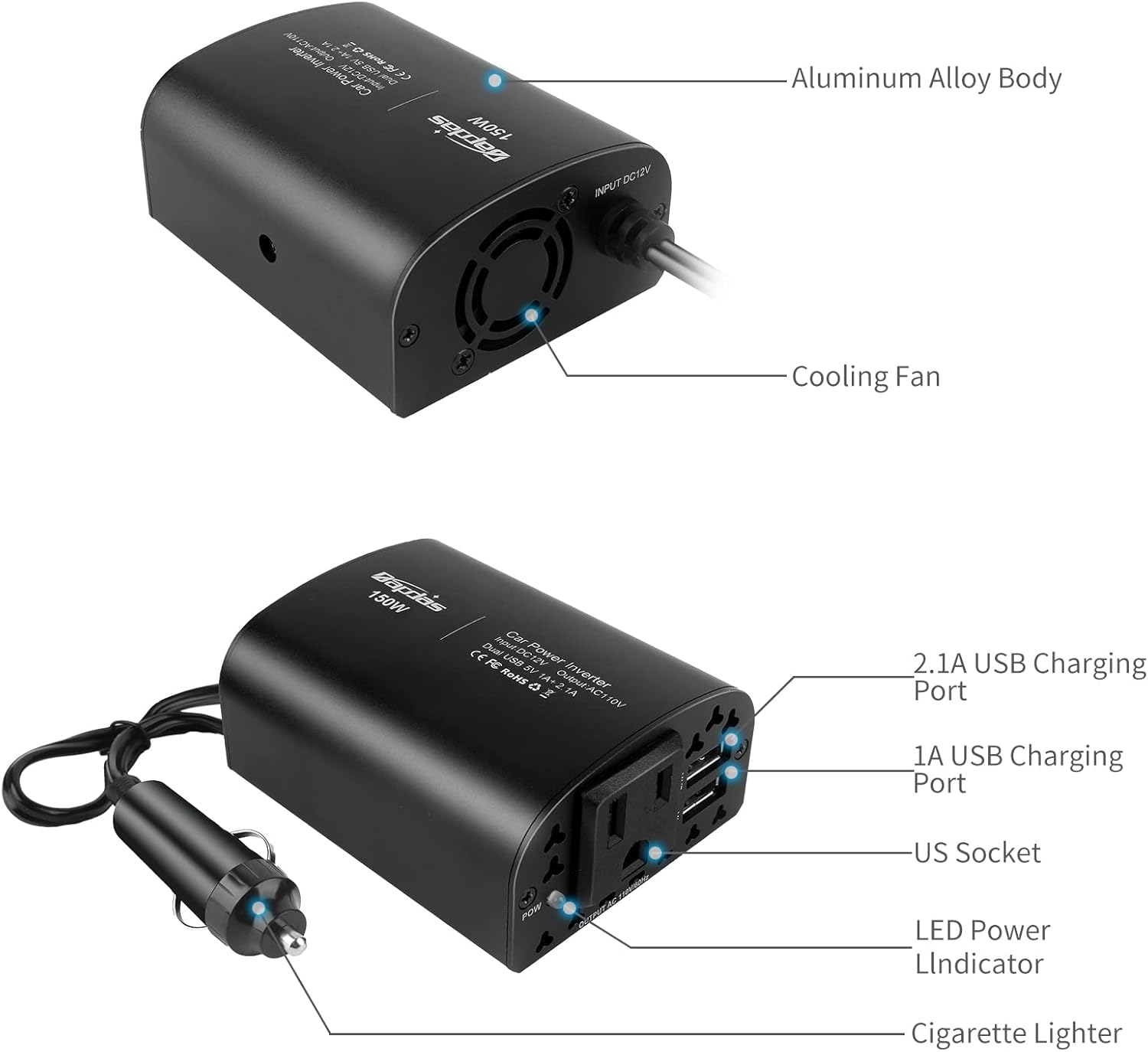 150W Car Power Inverter DC 12V to 110V AC 2 USB Ports Black Pack of 2 K258435