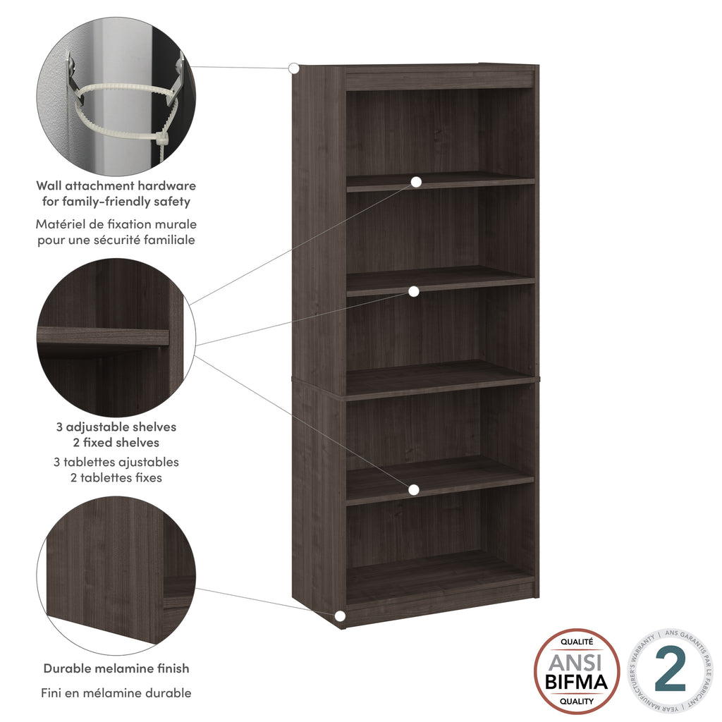 Medium Gray Maple 5-Shelf Engineered Wood Bookcase H89910