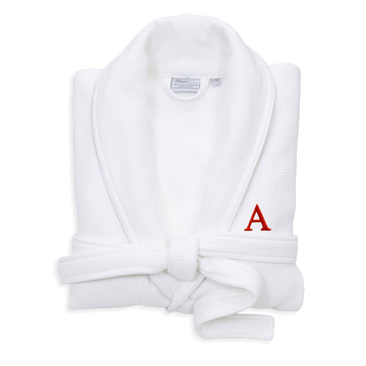 White Turkish Cotton Waffle Terry Bathrobe with Satin Piped Trim B391