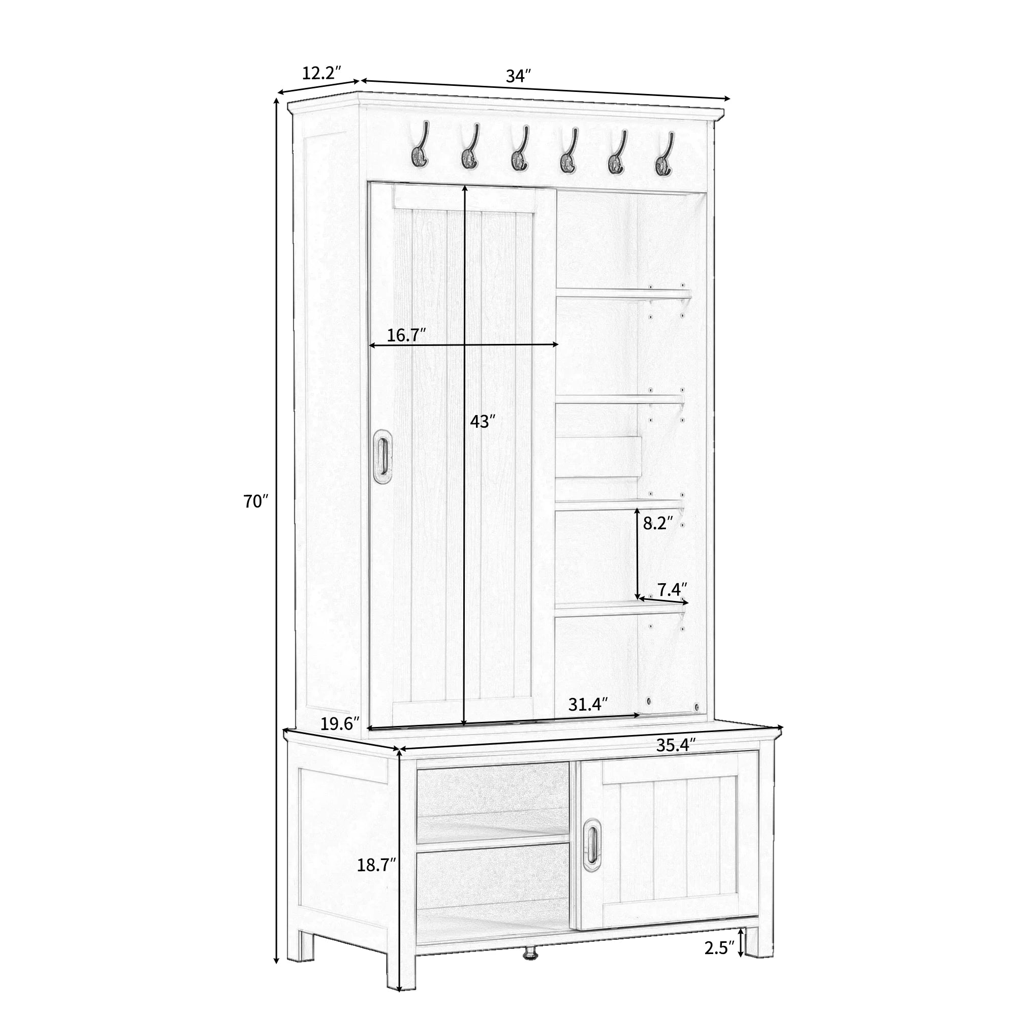 White Wooden Hall Tree with Sliding Doors and Storage Bench A939787