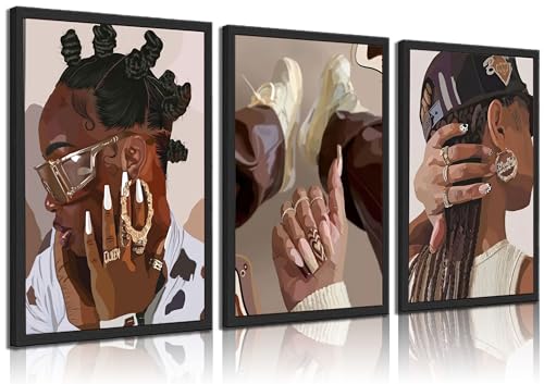 3Pcs Framed Canvas Wall Art Black Girl Wall Decor Posters Prints Paintings C43279