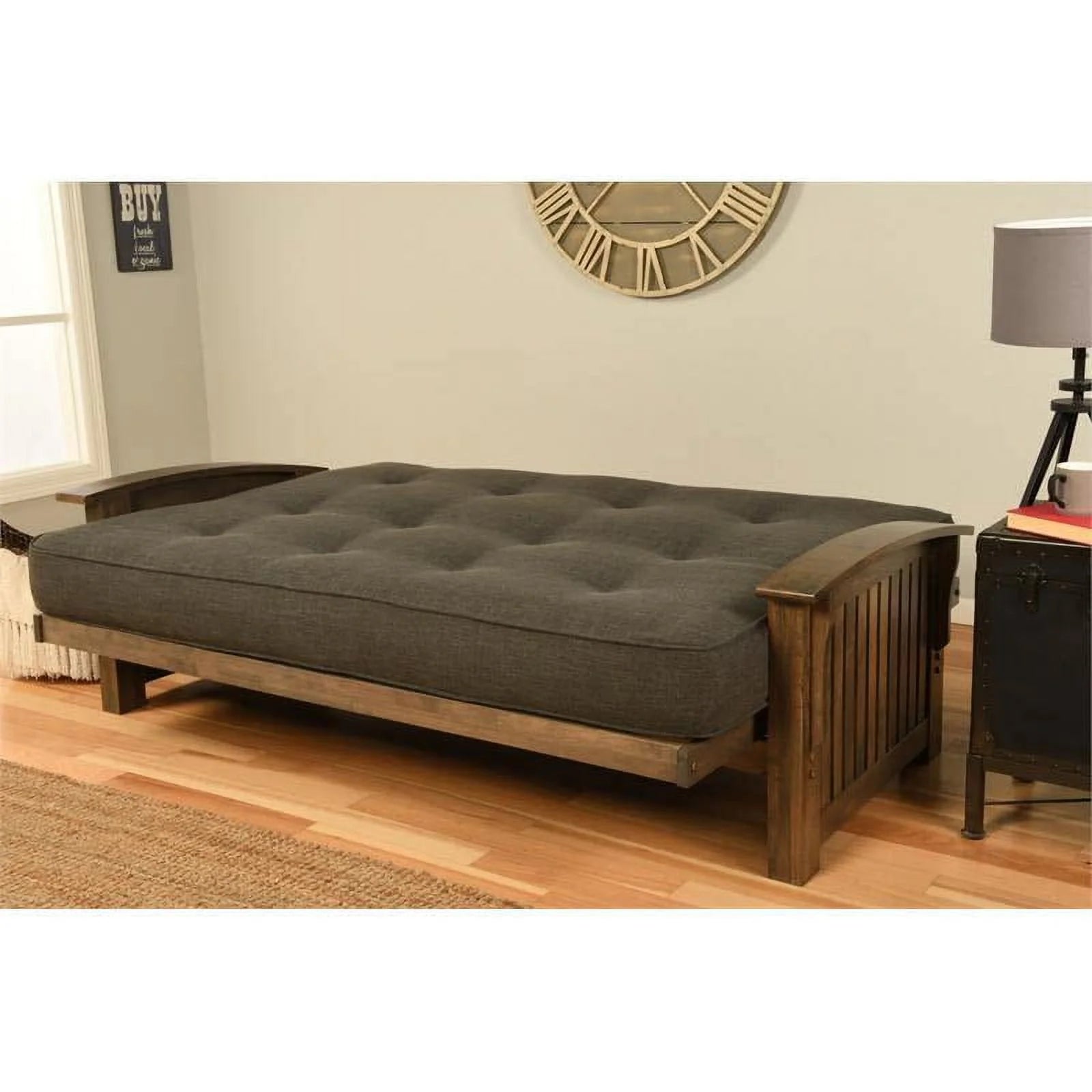 Queen-size Wood Futon with Suede Blue Mattress D721