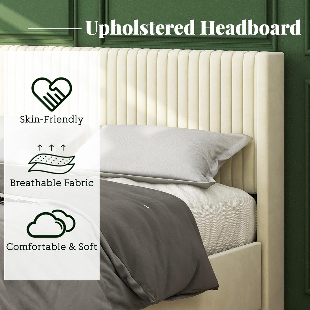 Queen Size Upholstered Bed Frame with 4 Drawers Storage and Headboard, Ivory Velvet K610906