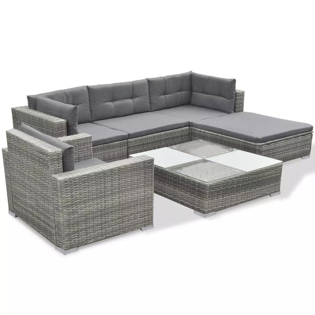 6 PCS Rattan Patio Sectional Sofa Set with Cushions Ottoman and Coffee Table (Grey) Z13815