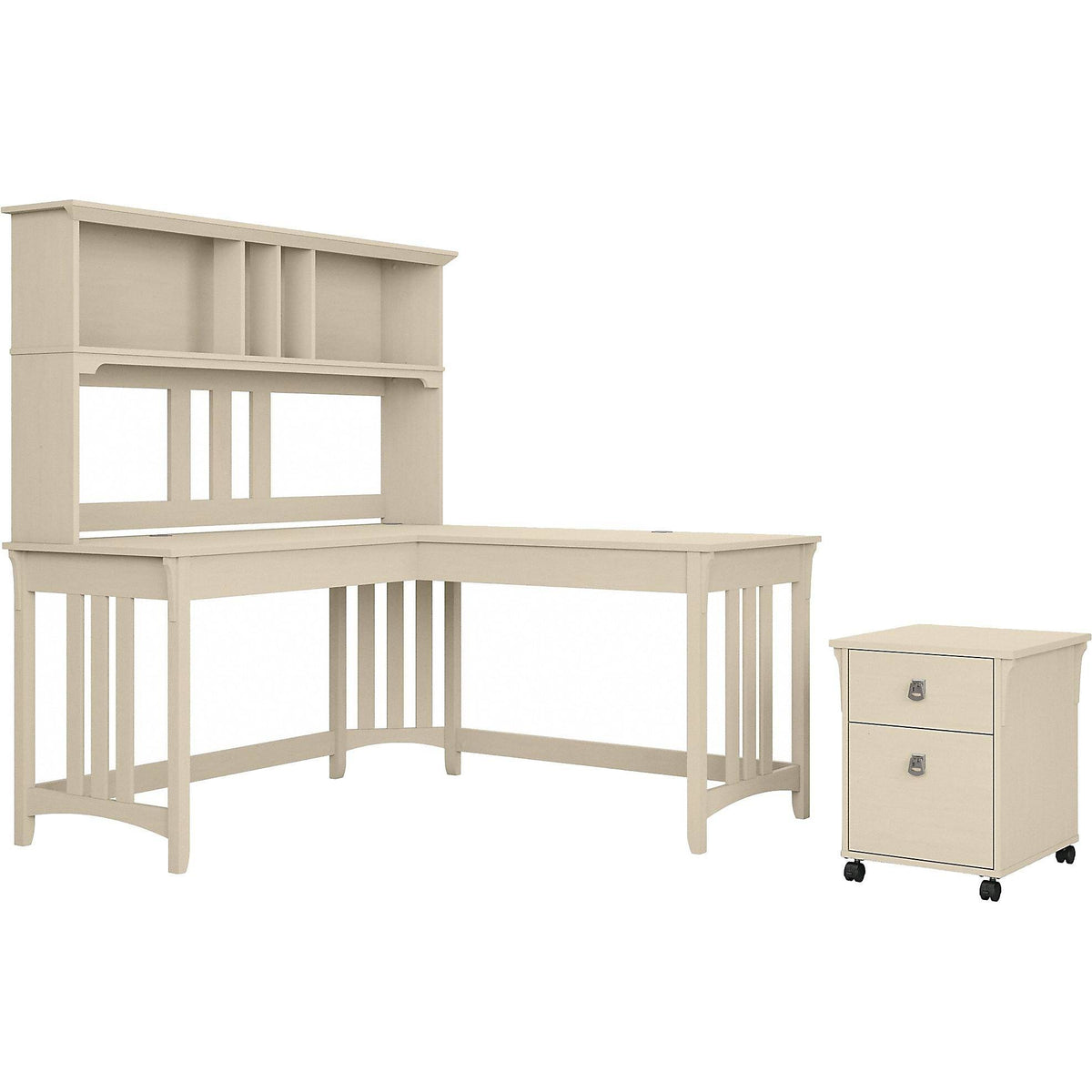 Antique White L-Shaped Writing Desk with Hutch and Mobile File Cabinet R531