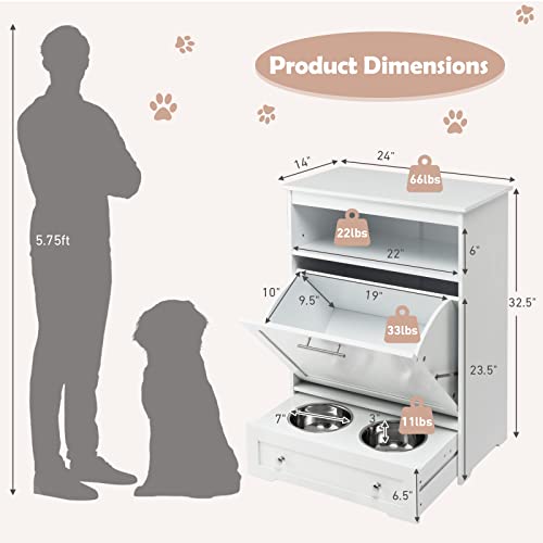 White Dog Food Storage Cabinet with 2 Raised Dog Bowls V2969