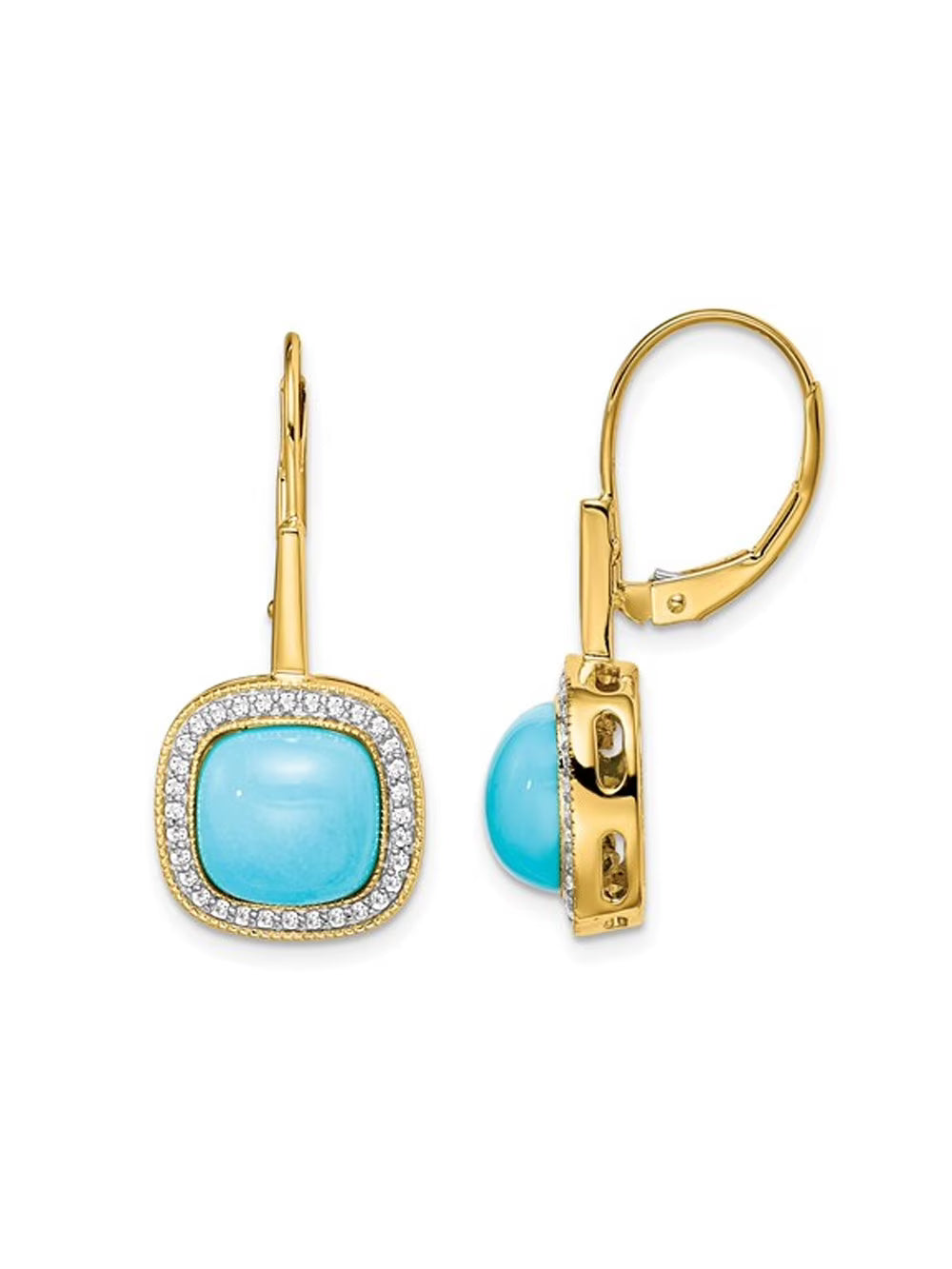 Turquoise Dangling Leverback Earrings in 14K Yellow Gold with Diamonds G814