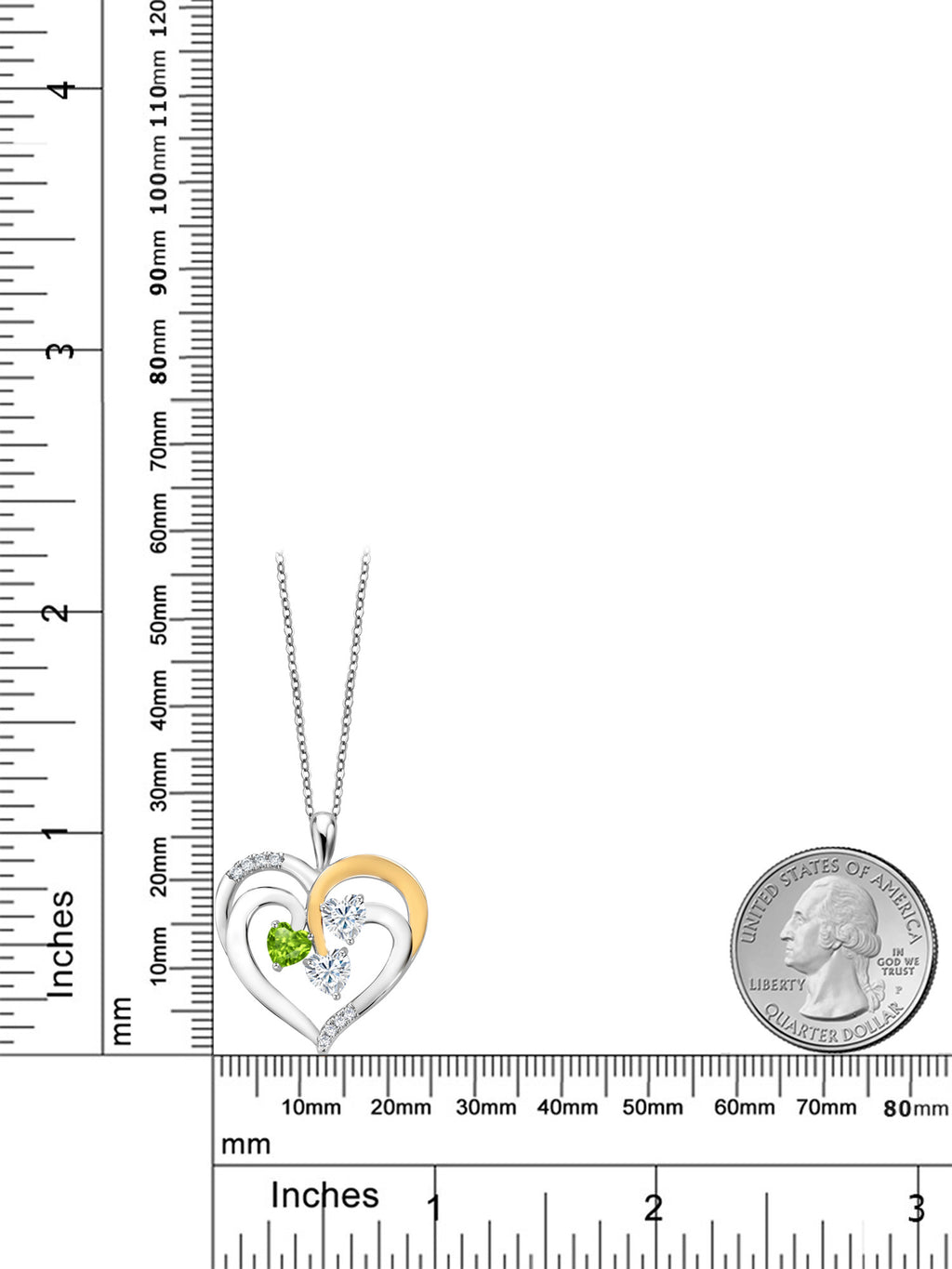 925 Two-Tone Sterling Silver Peridot and Moissanite Pendant Necklace, 1.34 Cttw, Heart Shape, 18 inch Chain Q502044