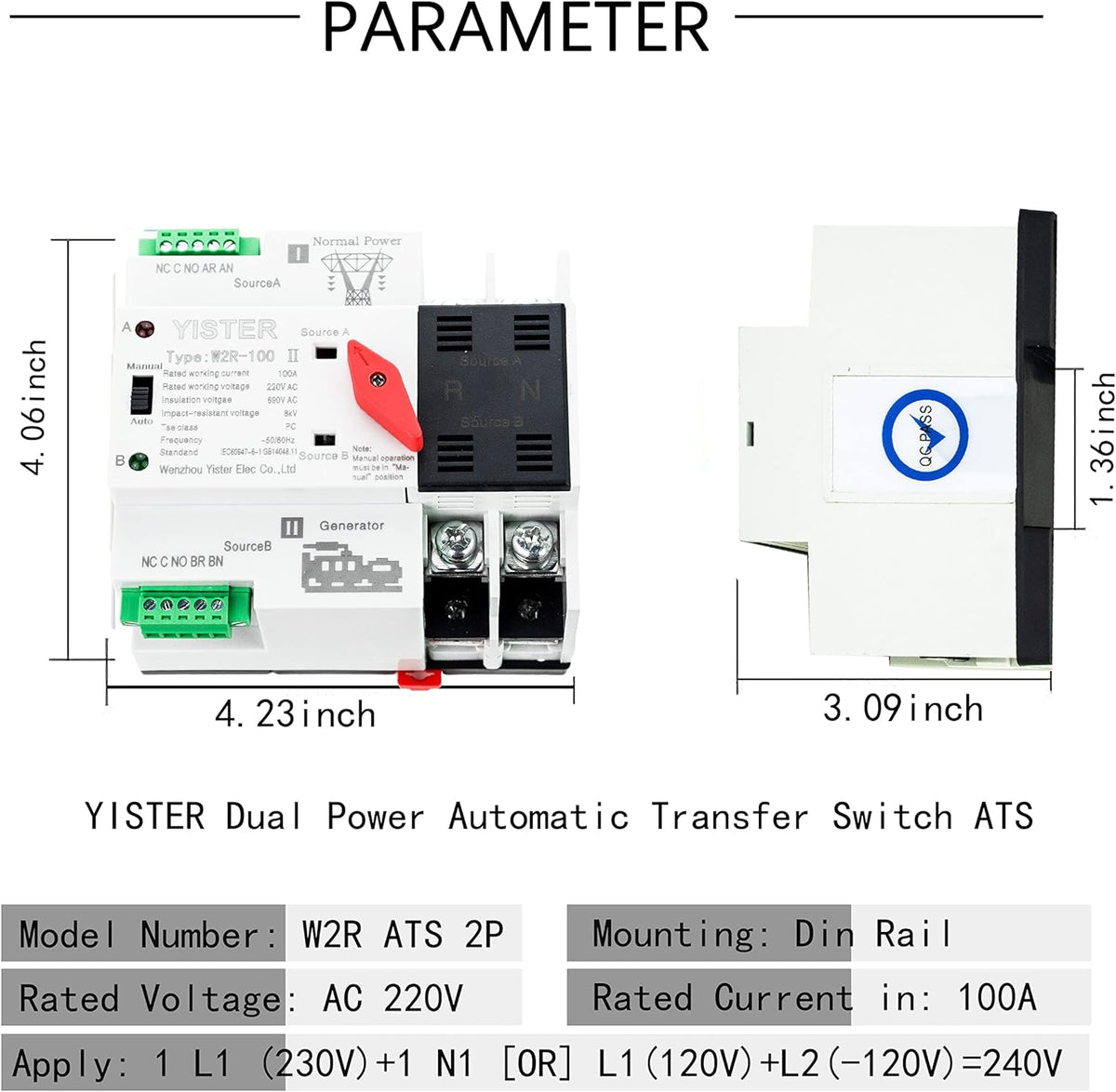WiFi and RF433 Remote Control Dual Power Automatic Transfer Switch 16-63-100A Rated 220V 240V Din Rail Mounted Controller U7084