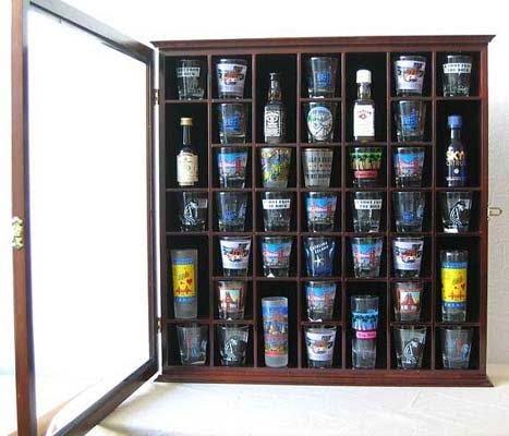 Walnut Finish Shot Glass Display Case Cabinet with Glass Door S74031