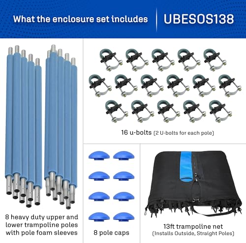 Trampoline Safety Enclosure Set for 12FT 13FT 14FT 15FT Frames includes Net Poles Hardware S8633