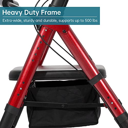 Heavy Duty All-Terrain Rollator Walker with Extra Wide Padded Seat and Backrest, 10" Non-Pneumatic Wheels, Red T1754