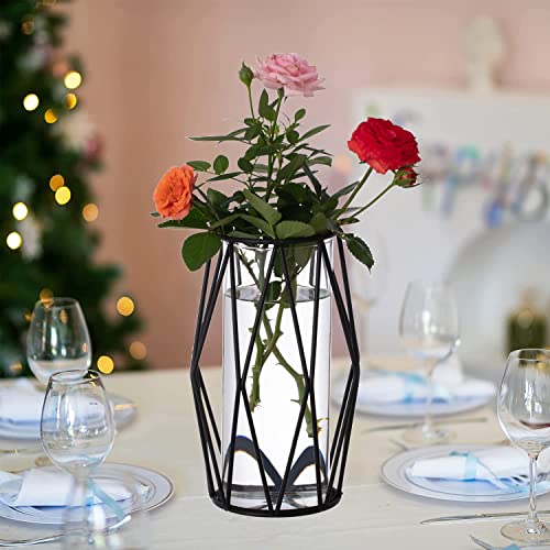 2Pcs Gold Pillar Hurricane Candle Holders, Clear Glass Candleholders with Geometric Metal Rack Stand, 8.5" A405535