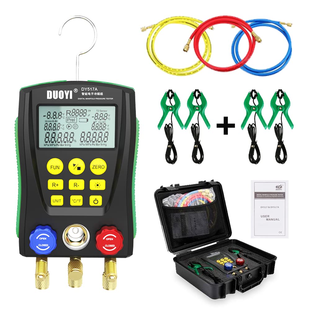 Digital Manifold Gauge Set with Double Pressure and Temp Test, HVAC Gauges with Hose, Toolbox X26742