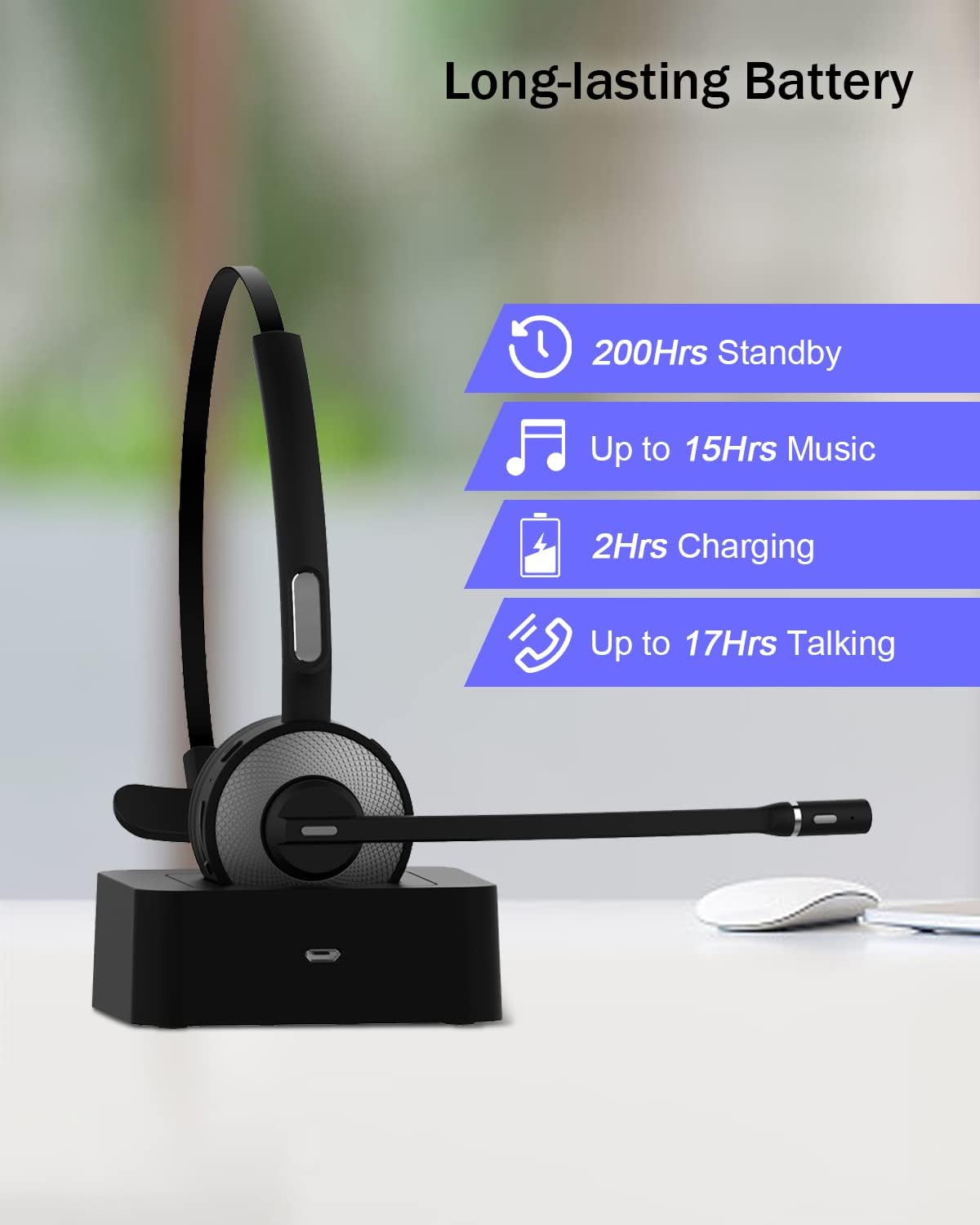 Bluetooth Headset with USB Dongle, Single-Ear Wireless Headset with Noise Cancelling Microphone Charging Base, Pack of 2 Y291