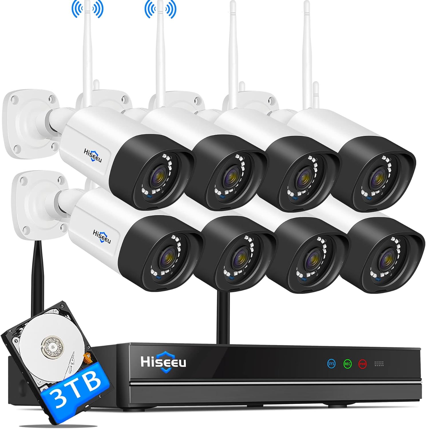 2K Wireless 8 CH NVR Kit 8Pcs 3MP WiFi Bullet Security Camera System with 3TB Hard Drive Z2941