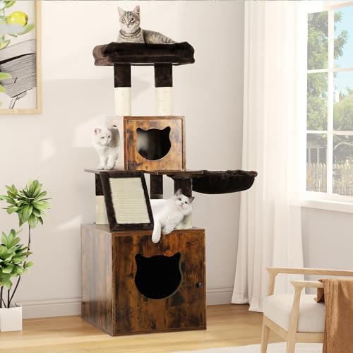 Brown Wooden Cat Tree with Litter Box Enclosure S948