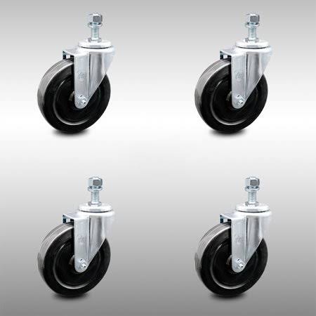 5 inch Hard Rubber Wheel Swivel 10mm Threaded Stem Caster Set Z357