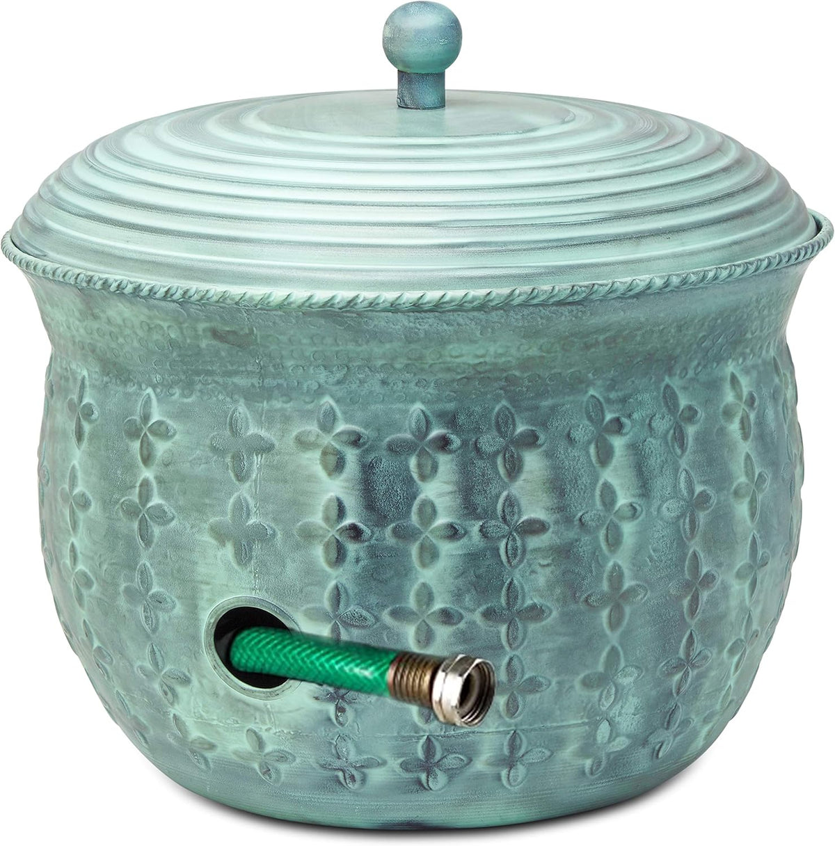 Copper Garden Hose Holder Storage Pot with Lid Antique Green Finish Lattice Steel K50733