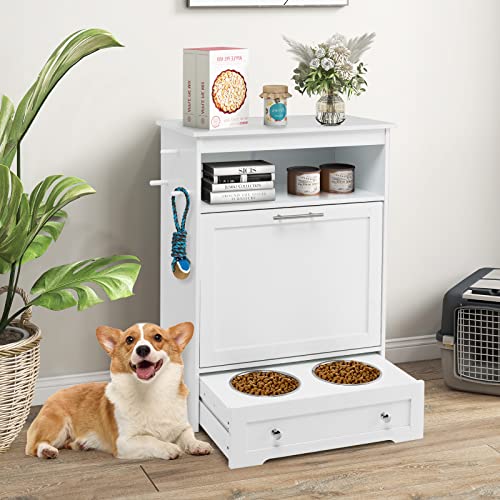White Dog Food Storage Cabinet with 2 Raised Dog Bowls V2969