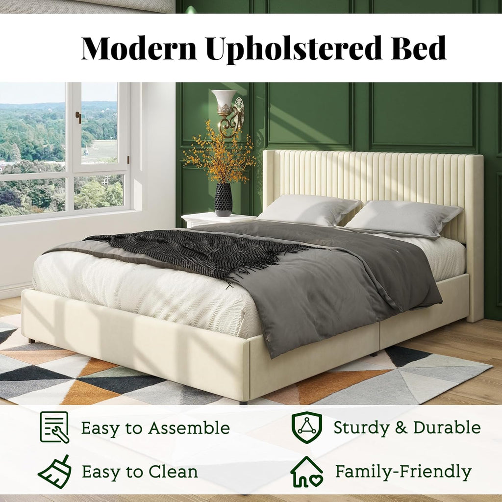 Queen Size Upholstered Bed Frame with 4 Drawers Storage and Headboard, Ivory Velvet K610906