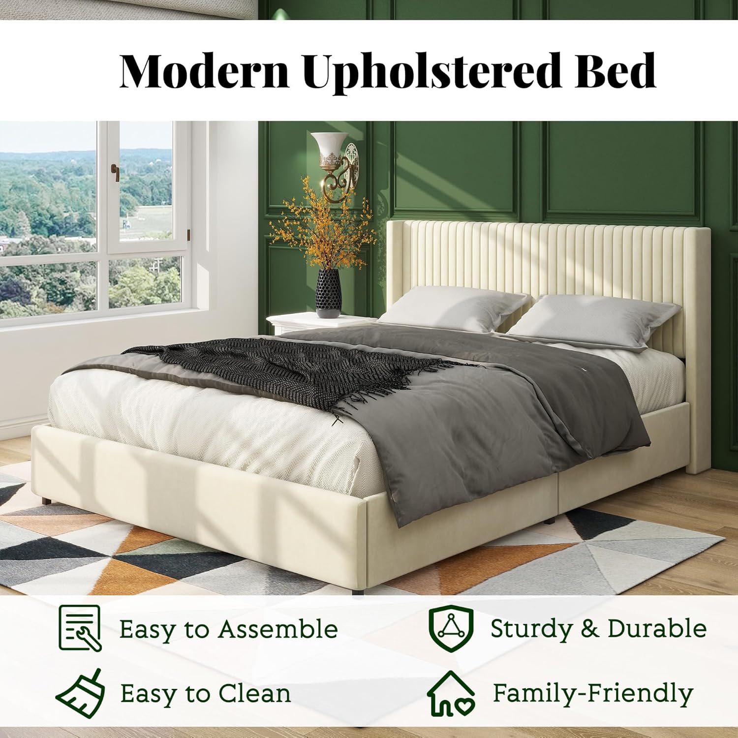 Queen Size Upholstered Bed Frame with 4 Drawers Storage and Headboard, Ivory Velvet K610906
