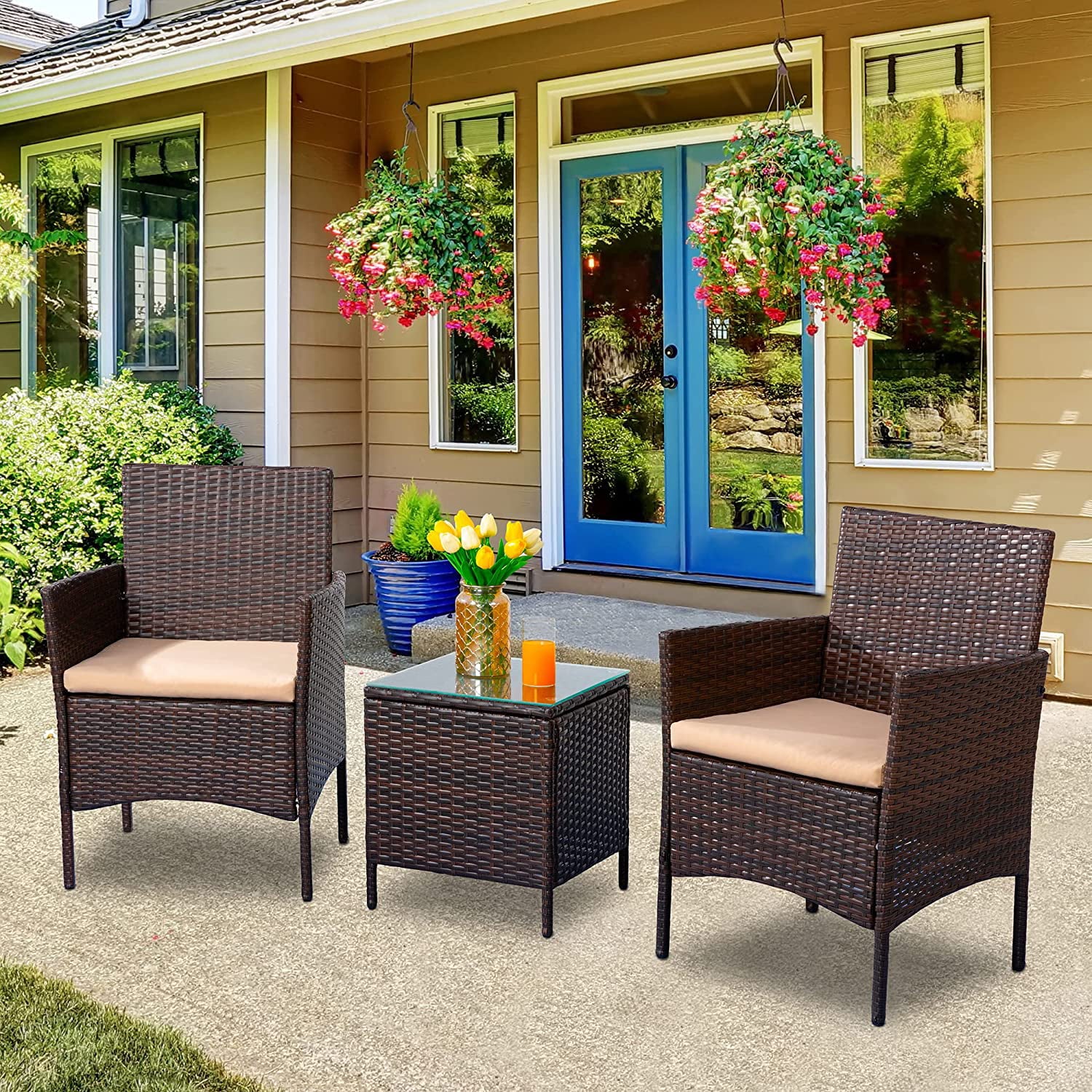 3 Pieces Outdoor Patio Furniture Set with Cushions and Coffee Table Brown Z6161