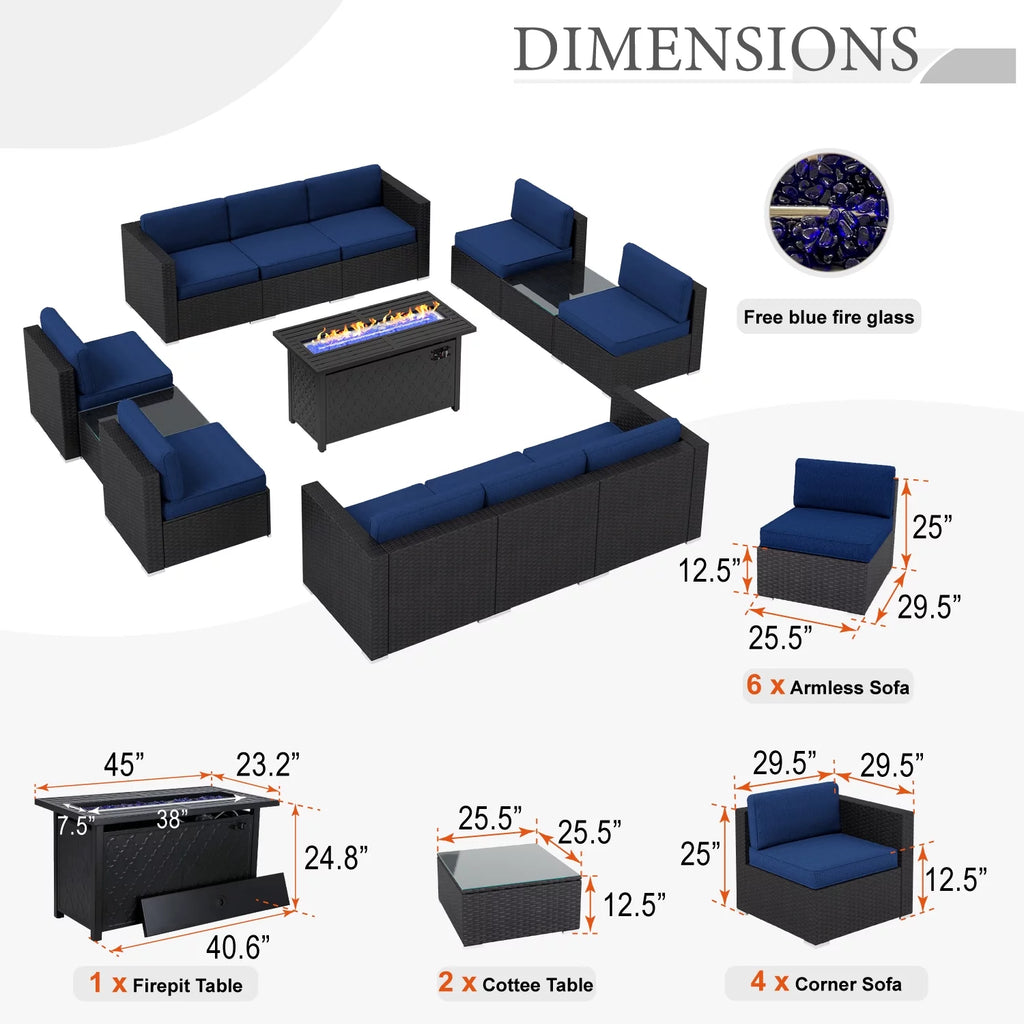 13 Pieces Navy Blue Outdoor Patio Furniture Set with Fire Pit Table Y82974