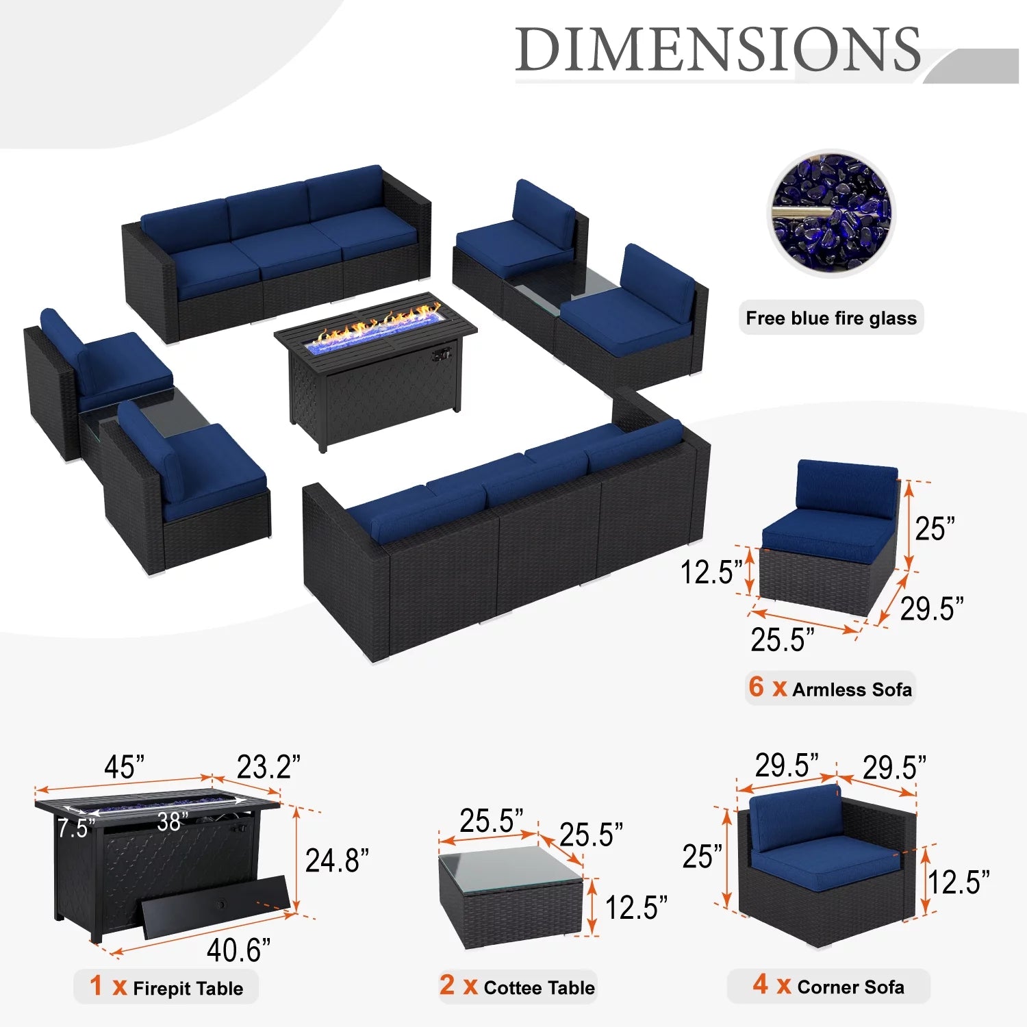 13 Pieces Navy Blue Outdoor Patio Furniture Set with Fire Pit Table Y82974
