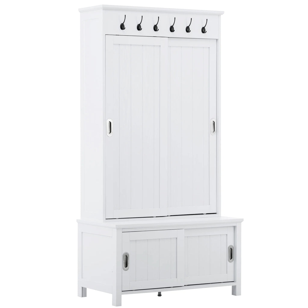 White Wooden Hall Tree with Sliding Doors and Storage Bench A939787