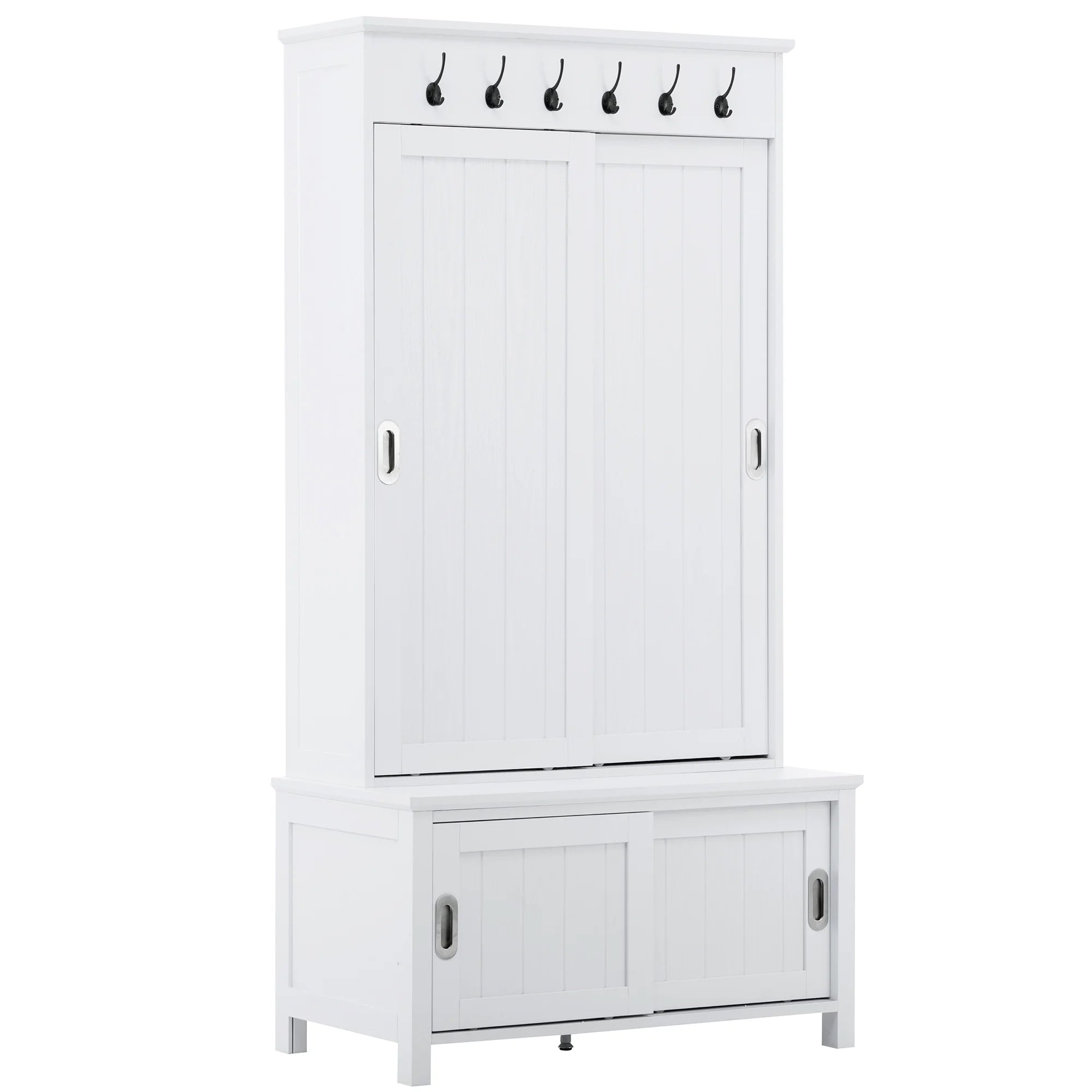 White Wooden Hall Tree with Sliding Doors and Storage Bench A939787