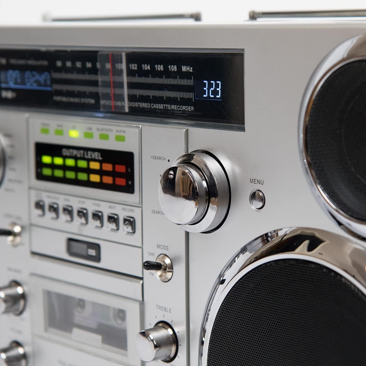 Silver Portable Boombox with CD Player Cassette Player FM Radio USB Bluetooth Speaker Y726594