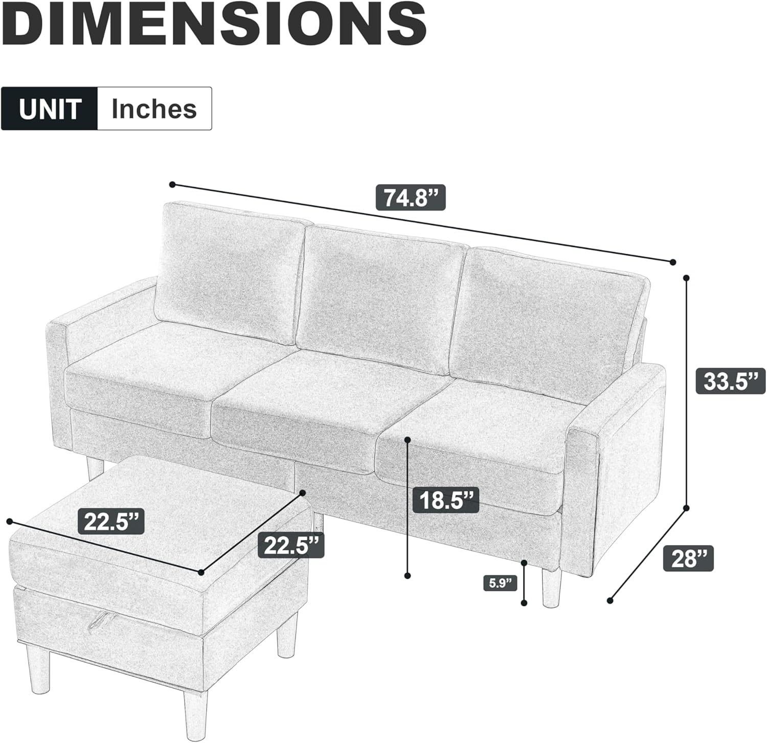 Dark Gray Fabric L Shaped Sectional Sofa with Storage Ottoman I269020