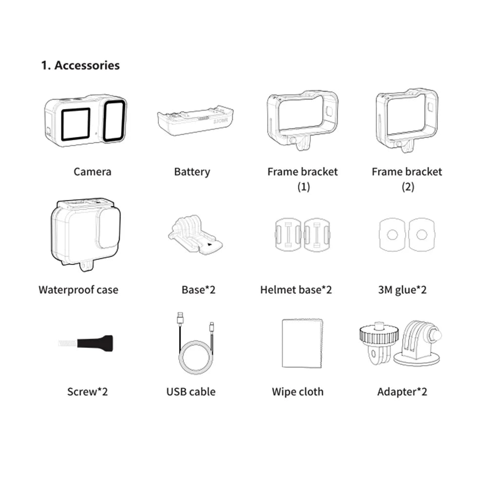 Action Camera 20MP Waterproof Dual Screen 135° Wide Angle with External Battery Case J56061