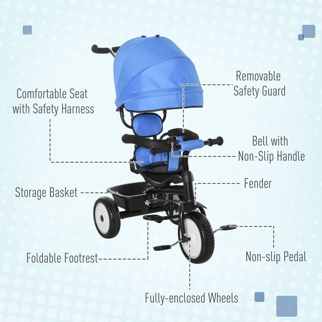 Blue 2 in 1 Baby Tricycle Stroller with Adjustable Canopy Detachable Guardrail Safety Belt K9569
