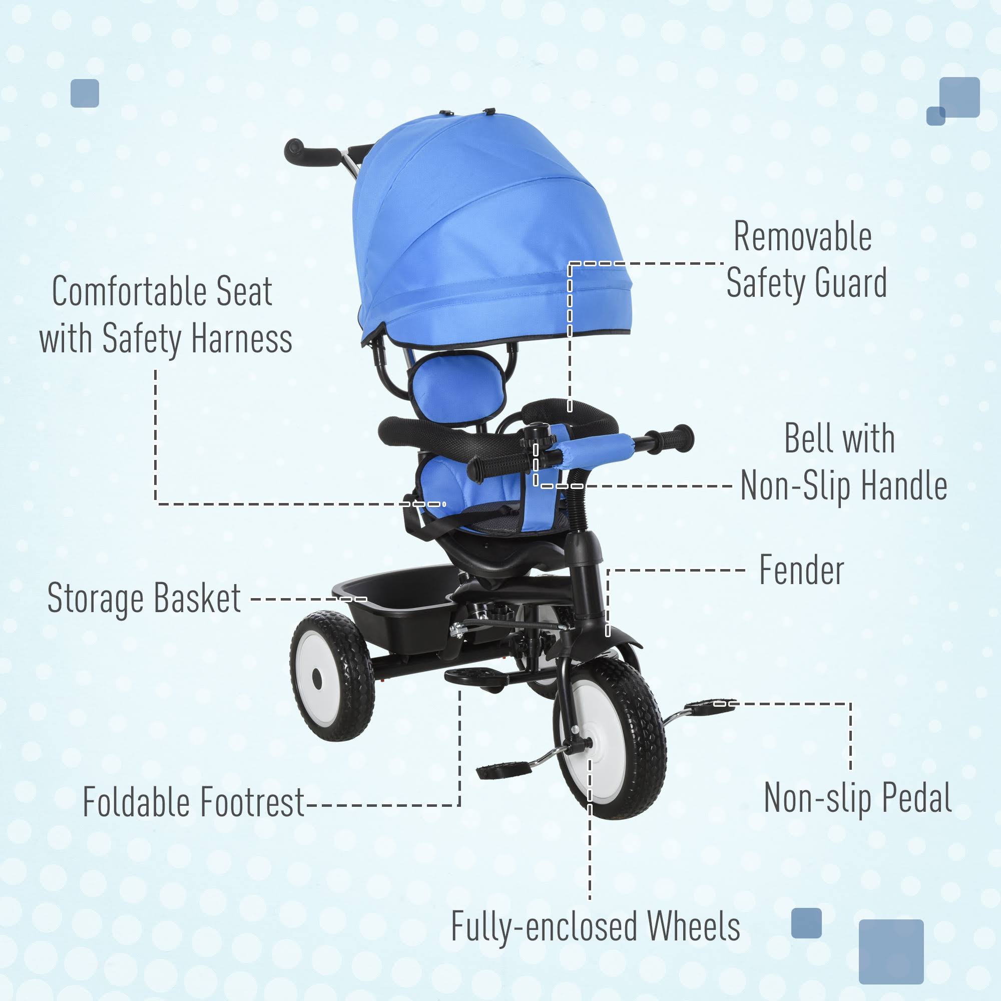 Blue 2 in 1 Baby Tricycle Stroller with Adjustable Canopy Detachable Guardrail Safety Belt K9569