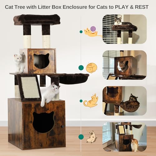 Brown Wooden Cat Tree with Litter Box Enclosure S948