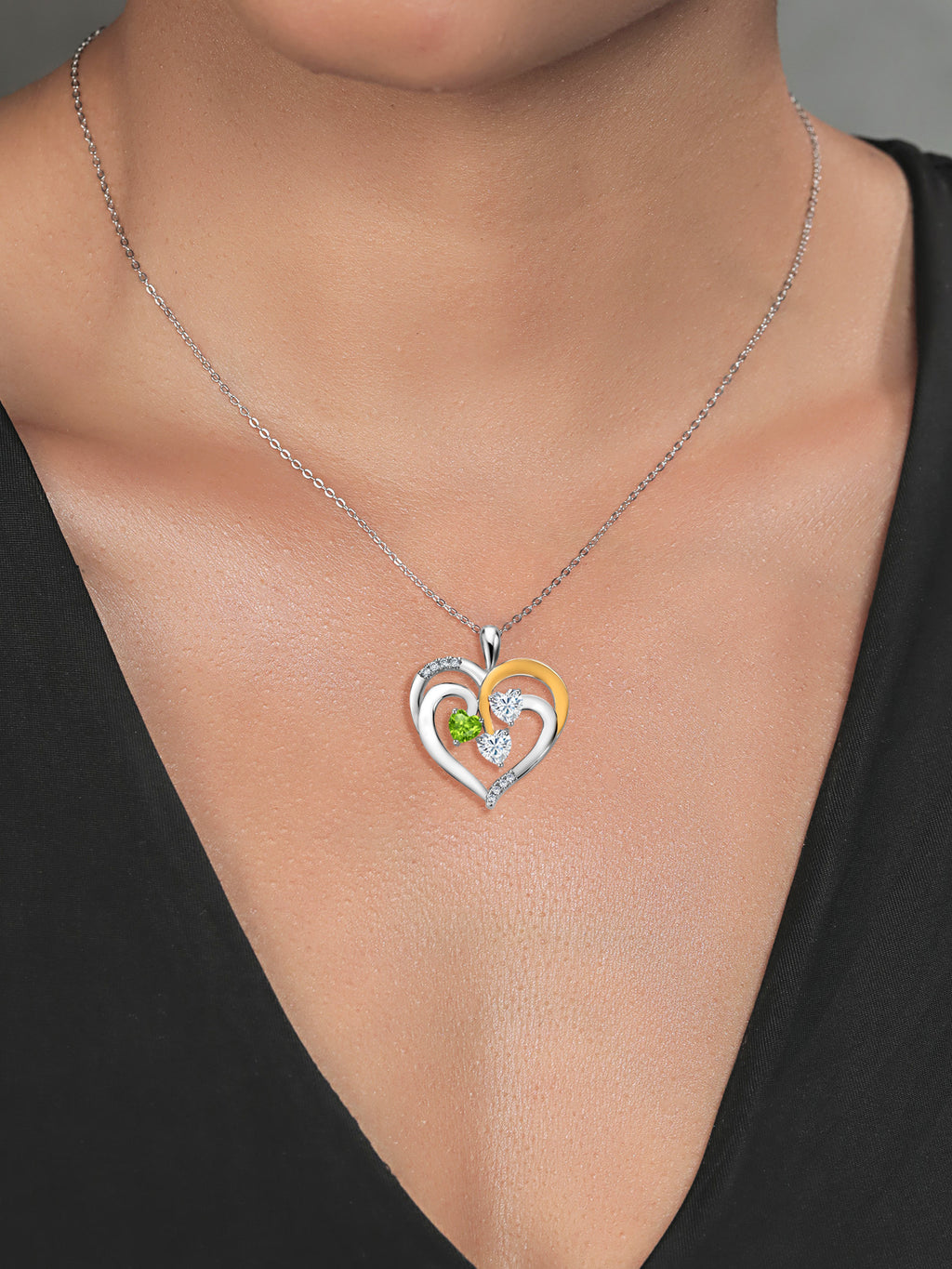 925 Two-Tone Sterling Silver Peridot and Moissanite Pendant Necklace, 1.34 Cttw, Heart Shape, 18 inch Chain Q502044