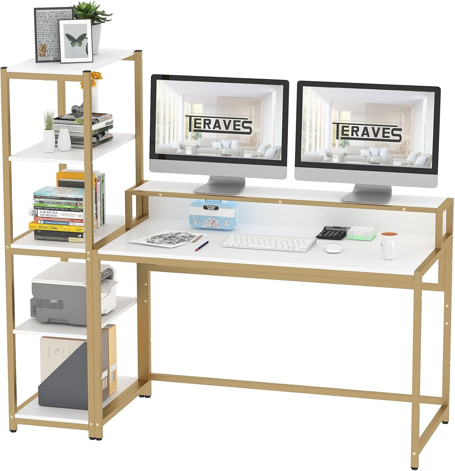 47 Inch Computer Desk with 5 Tier Shelves and Storage I9184