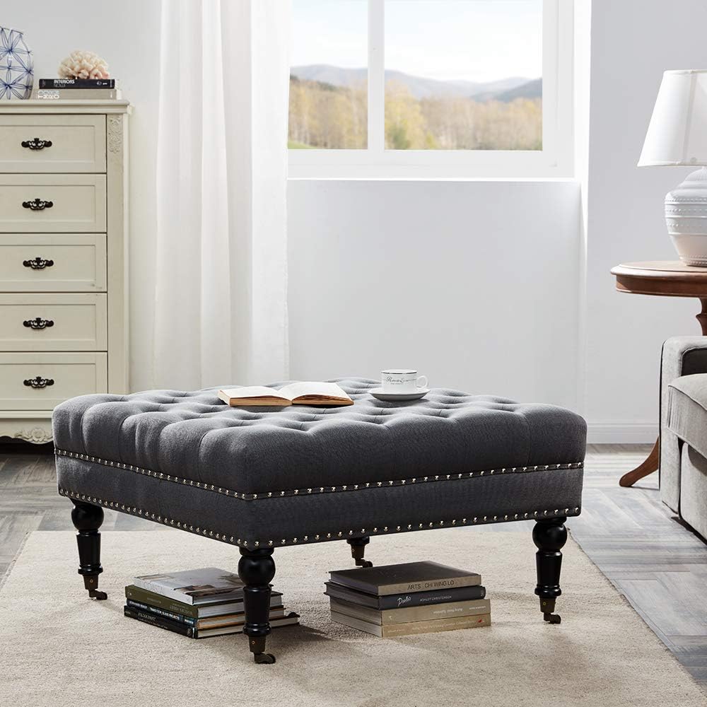 Gray Linen Ottoman with Caster Wheels T180016