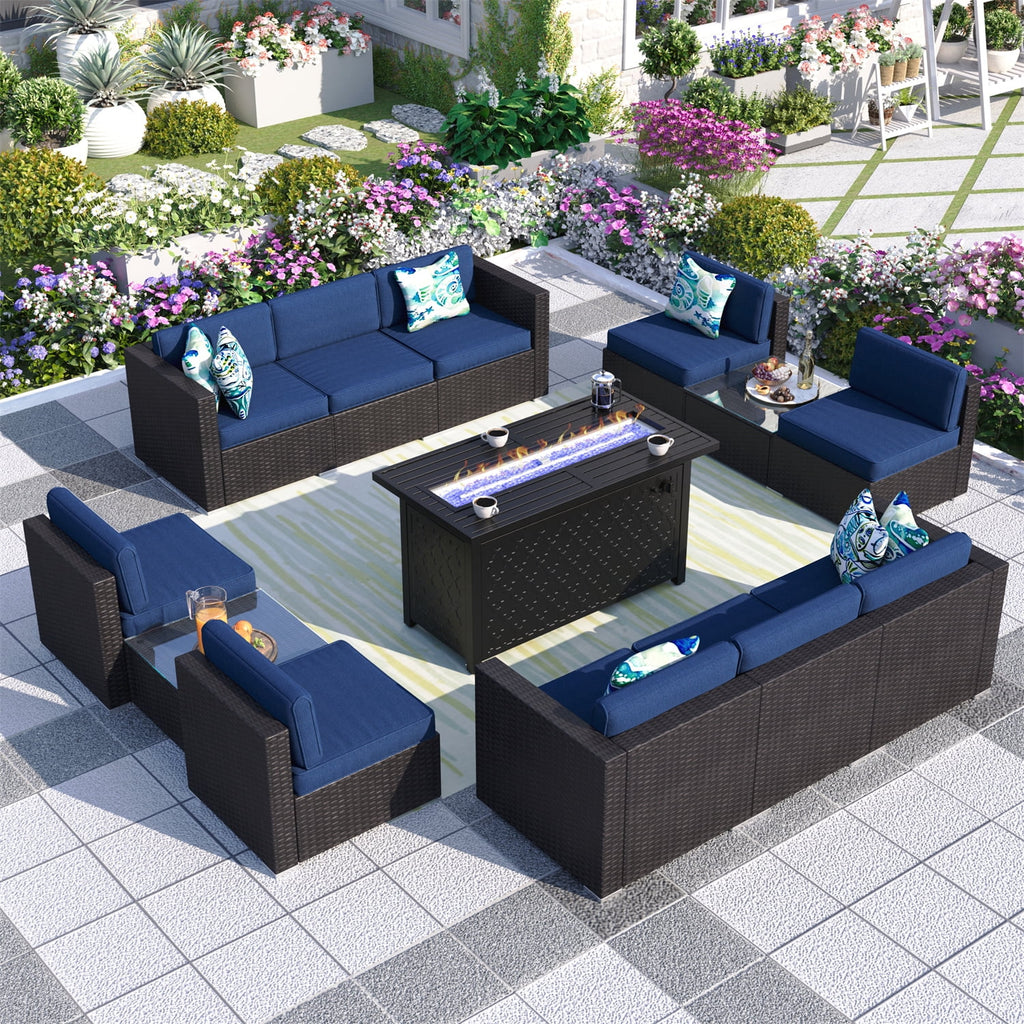 13 Pieces Navy Blue Outdoor Patio Furniture Set with Fire Pit Table Y82974