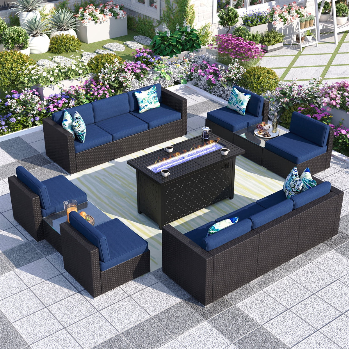 13 Pieces Navy Blue Outdoor Patio Furniture Set with Fire Pit Table Y82974