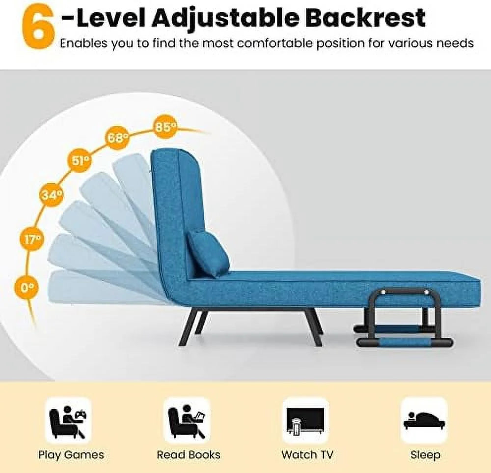 Convertible Sofa Bed 4-in-1 Sleeper Chair with Pillow, 6 Positions Adjustable Backrest, Metal Legs, Linen Fabric L768111