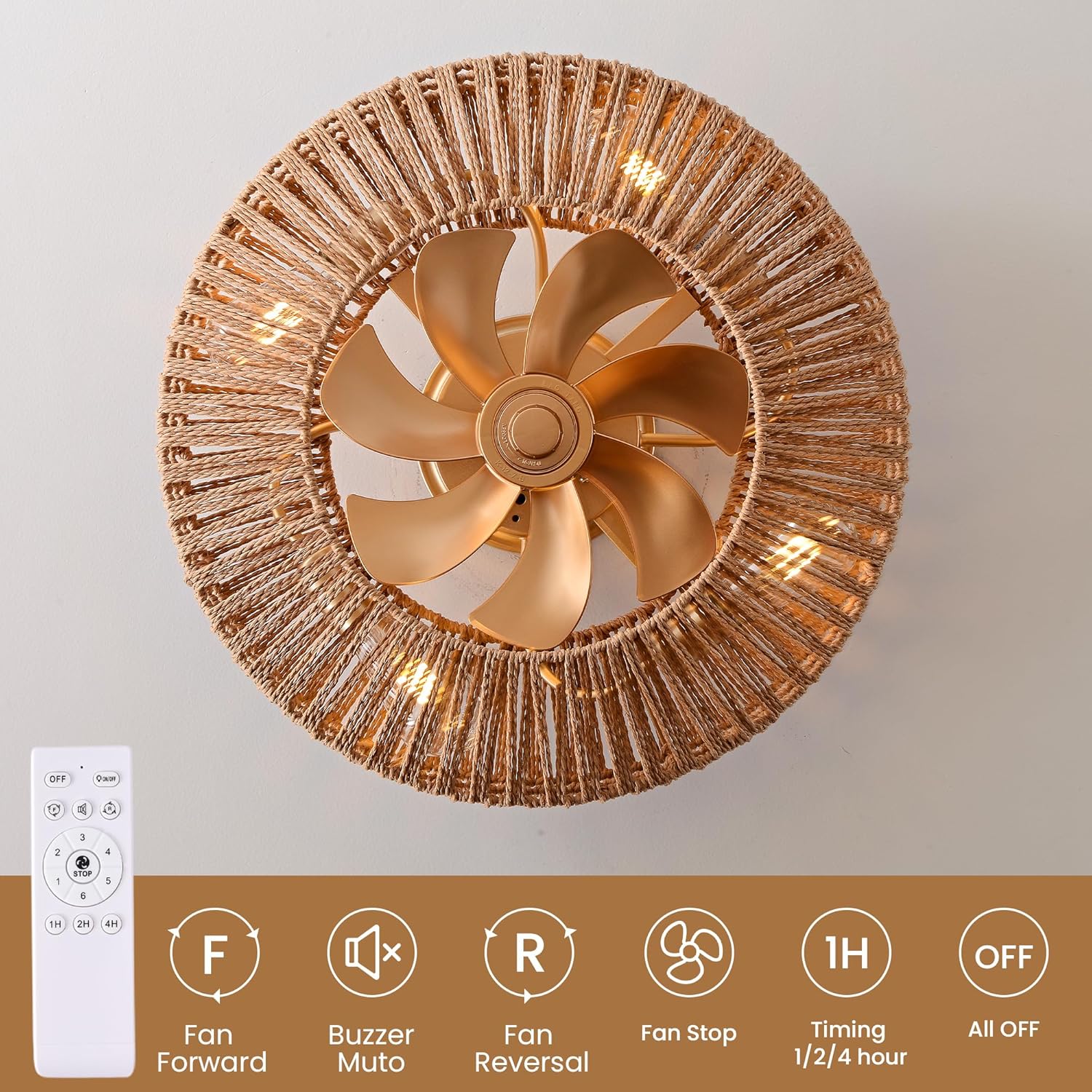 20" Rattan Ceiling Fan with Lights and Remote Control A5909