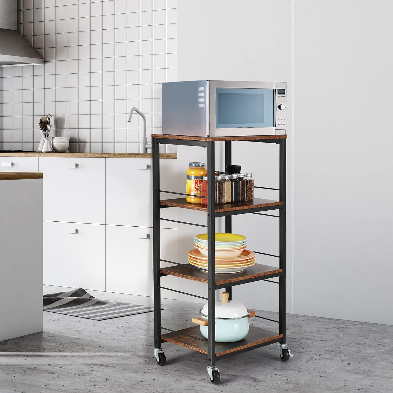 Rustic Brown 4-Tier Rolling Utility Cart with Storage Shelves V9066